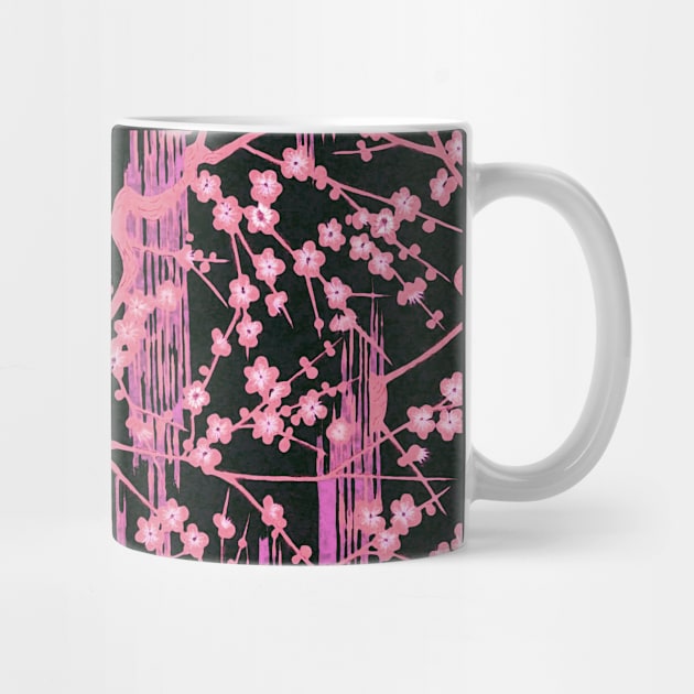 PINK SAKURA FLOWERS IN BLACK Antique Japanese Floral Pattern by BulganLumini